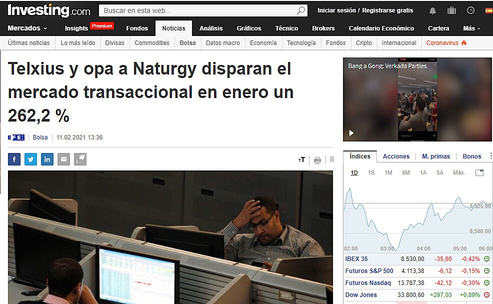 Telxius y opa a Naturgy disparan el mercado transaccional en enero un 262,2 %